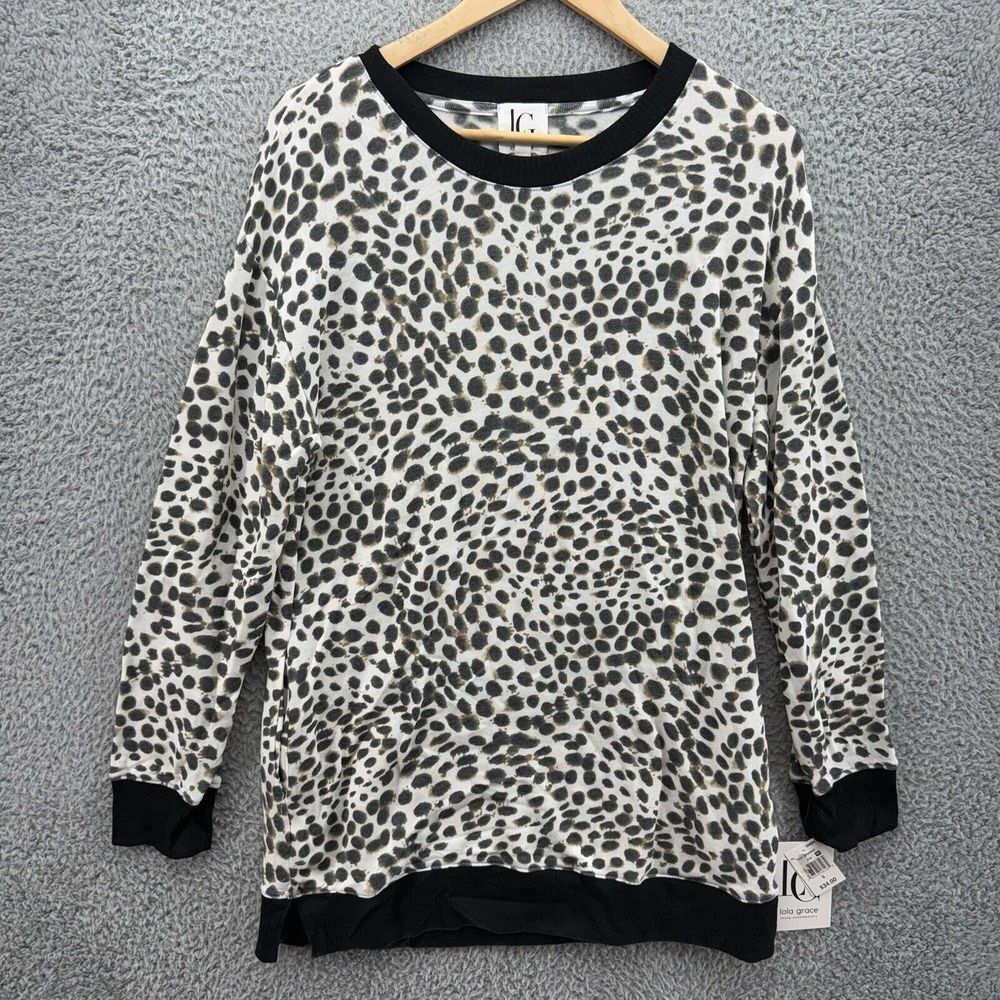 Lola Grace Women's S Long Sleeve Animal Print‎ Sweater White Black W/Pockets NWT